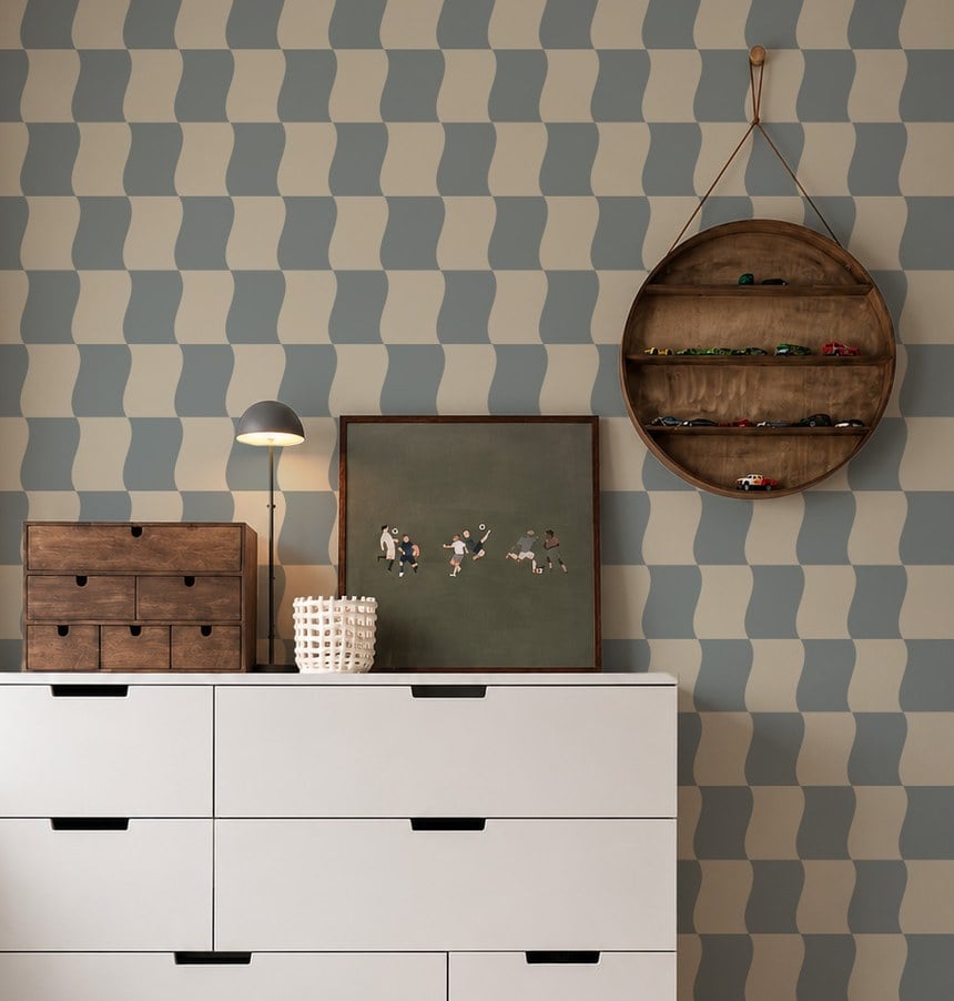 Blue block pattern wallpaper with waves for the boys' room Blue block pattern wallpaper with waves for the boys' room
